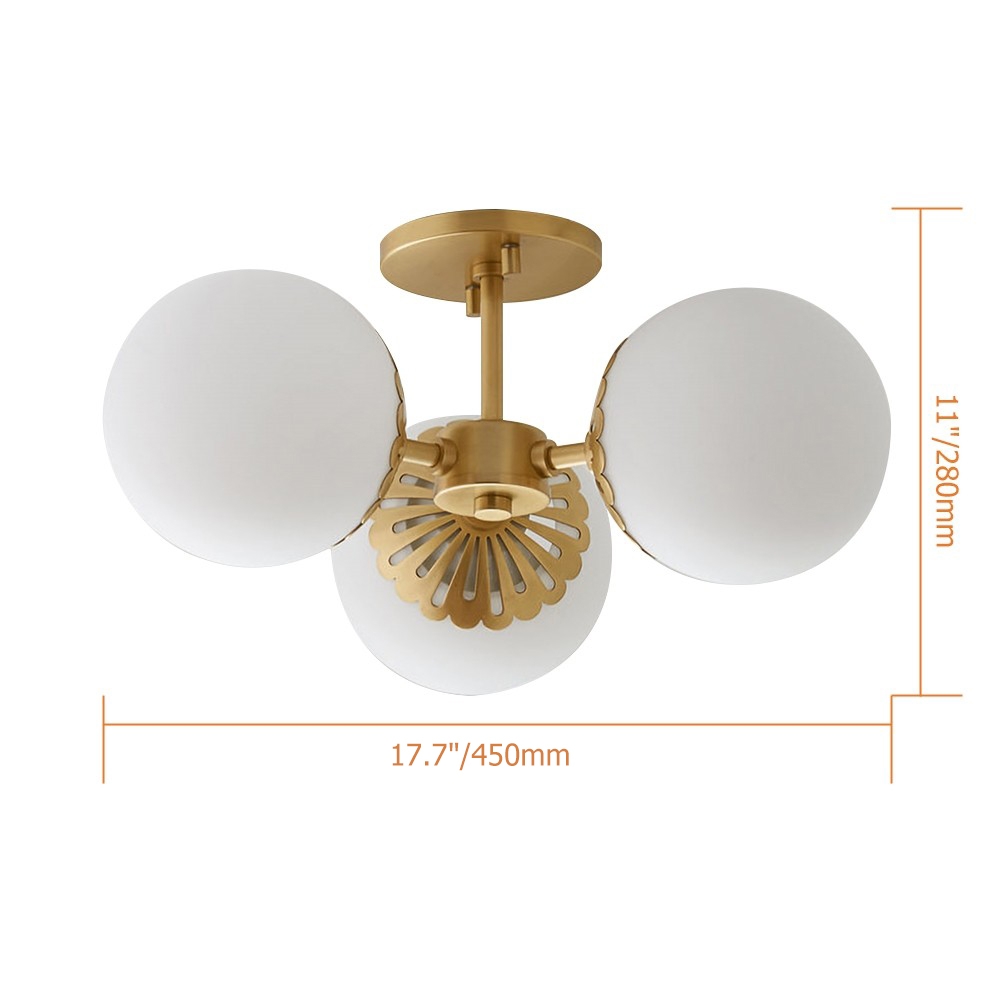 Modern Gold 3-Light Glass Globe Semi-Flush Mount Light
