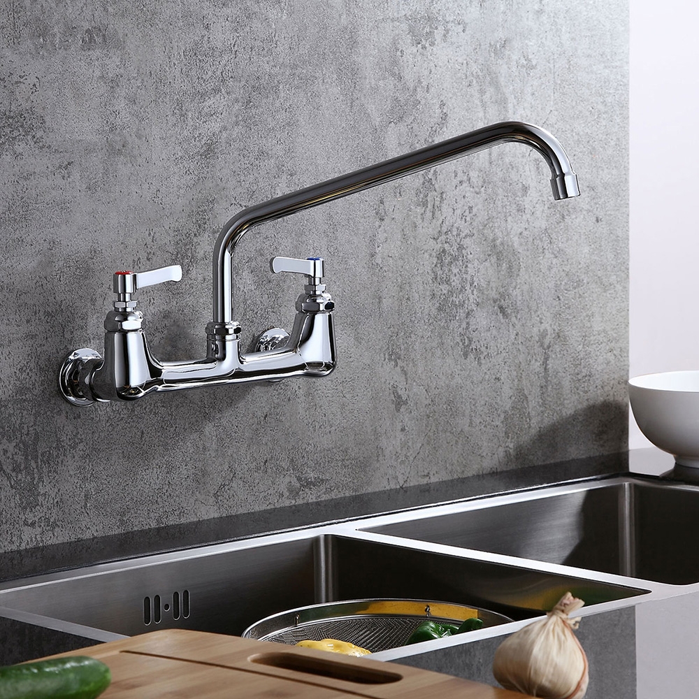 Commercial Wall Mount Kitchen Mixer Tap 12" Swing Spout Chrome 8 Inch Centre Tap Solid Brass