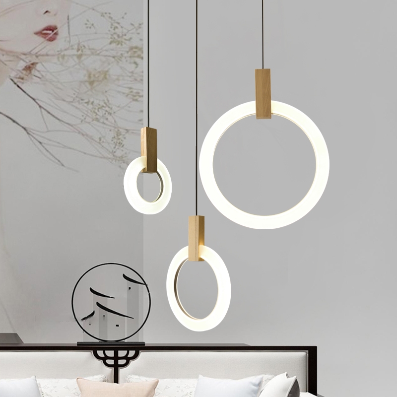 Minimalist Modern LED Ring Acrylic Diffuser Wood Pendant Light in Large