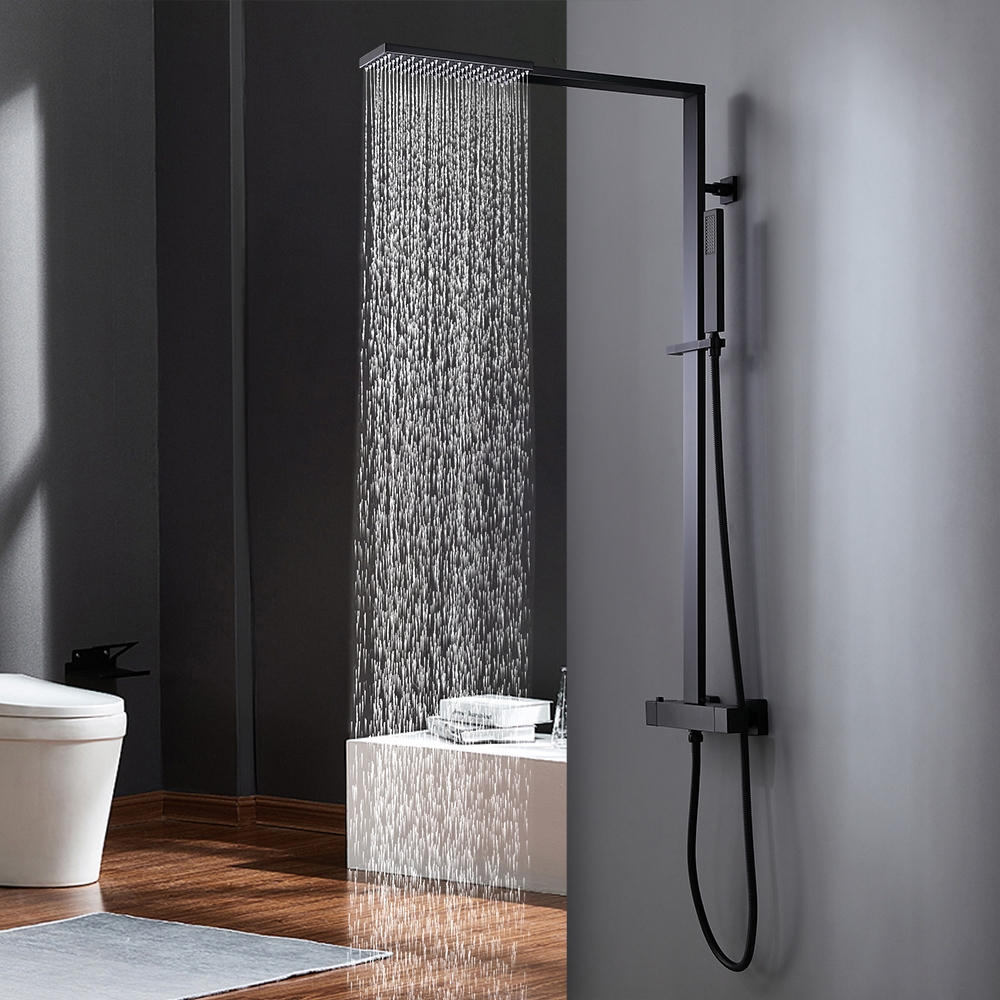 Exposed Thermostatic Shower Mixer with Rain Shower Head and Hand Shower Matte Black