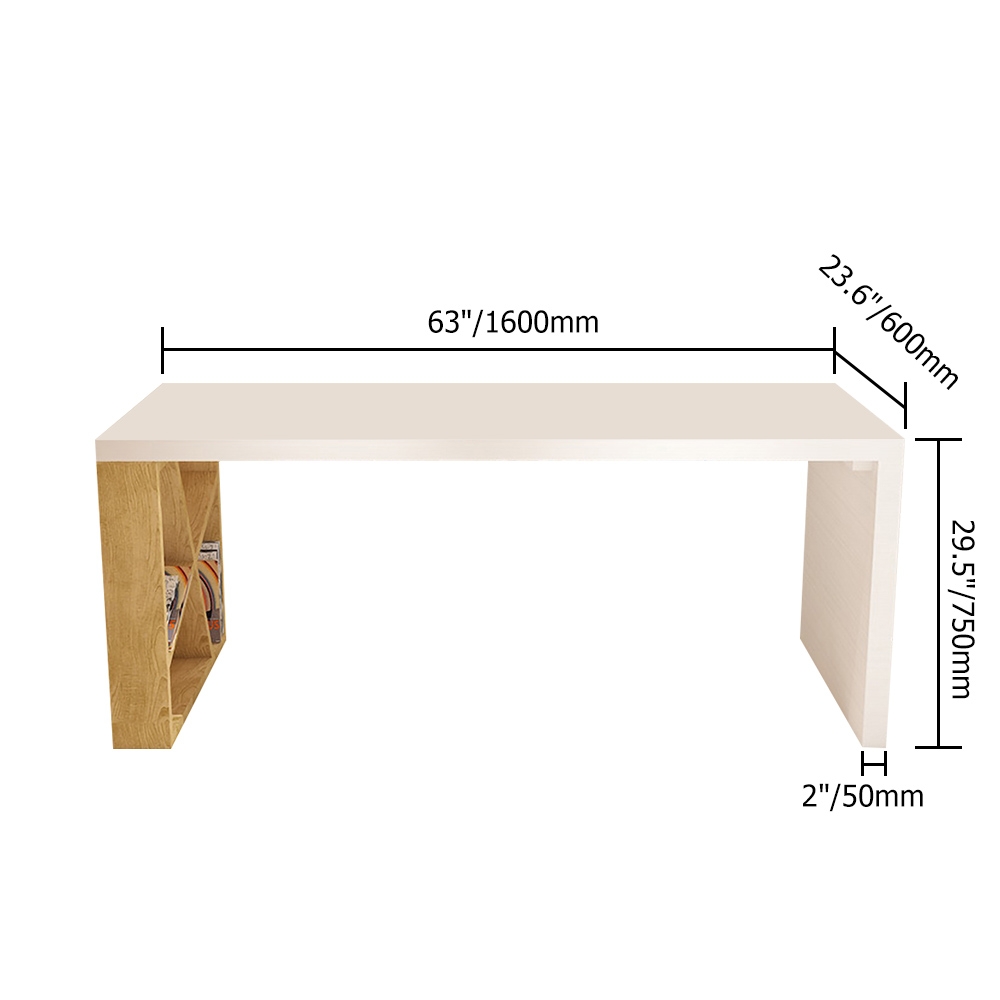 Modern White and Natural Rectangular Writing Desk with Shelf in Gold