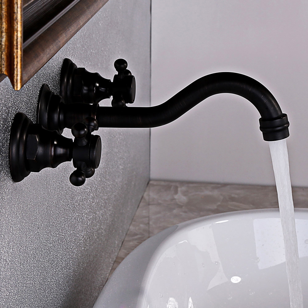 

Chester Classic Design Wall Mount Antique Black Bathroom Sink Faucet Double Cross Handle Solid Brass