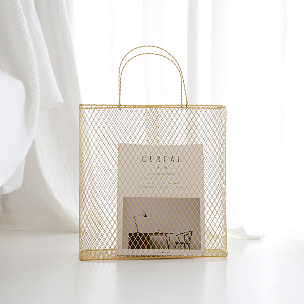 Image of Gold Modern Metal Magazine Rack with Handle for Bedroom in Metal