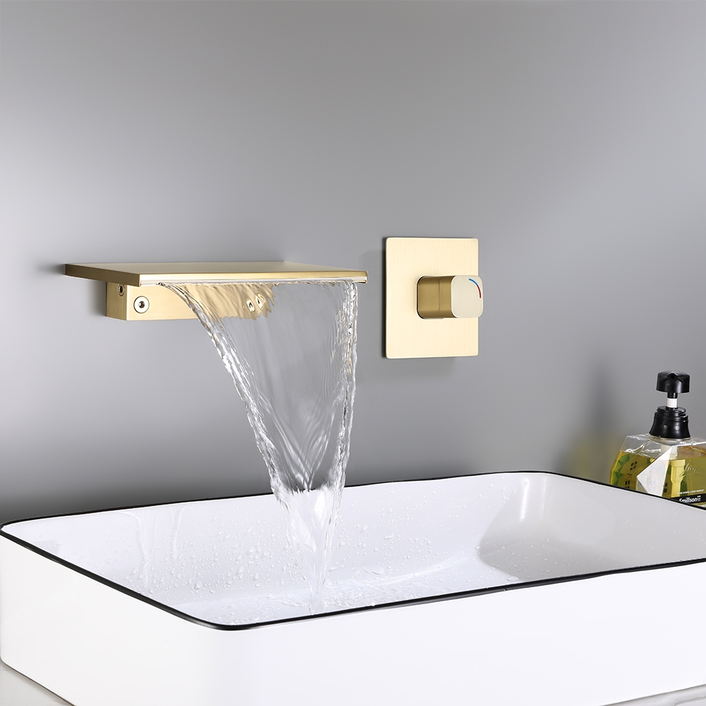 Waterfall Wall Mount Bathroom Basin Tap Single Knob Solid Brass Brushed Gold