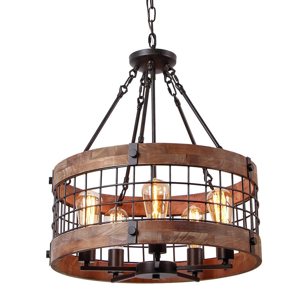 Farmhouse Wood Circle Chandelier Black Metal Cage 5-Light Exposed Bulbs