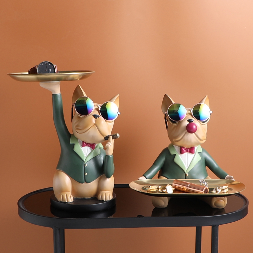

Contemporary Suit Bulldog Sculpture Desk Organizer Entryway Key Holder Set of 2