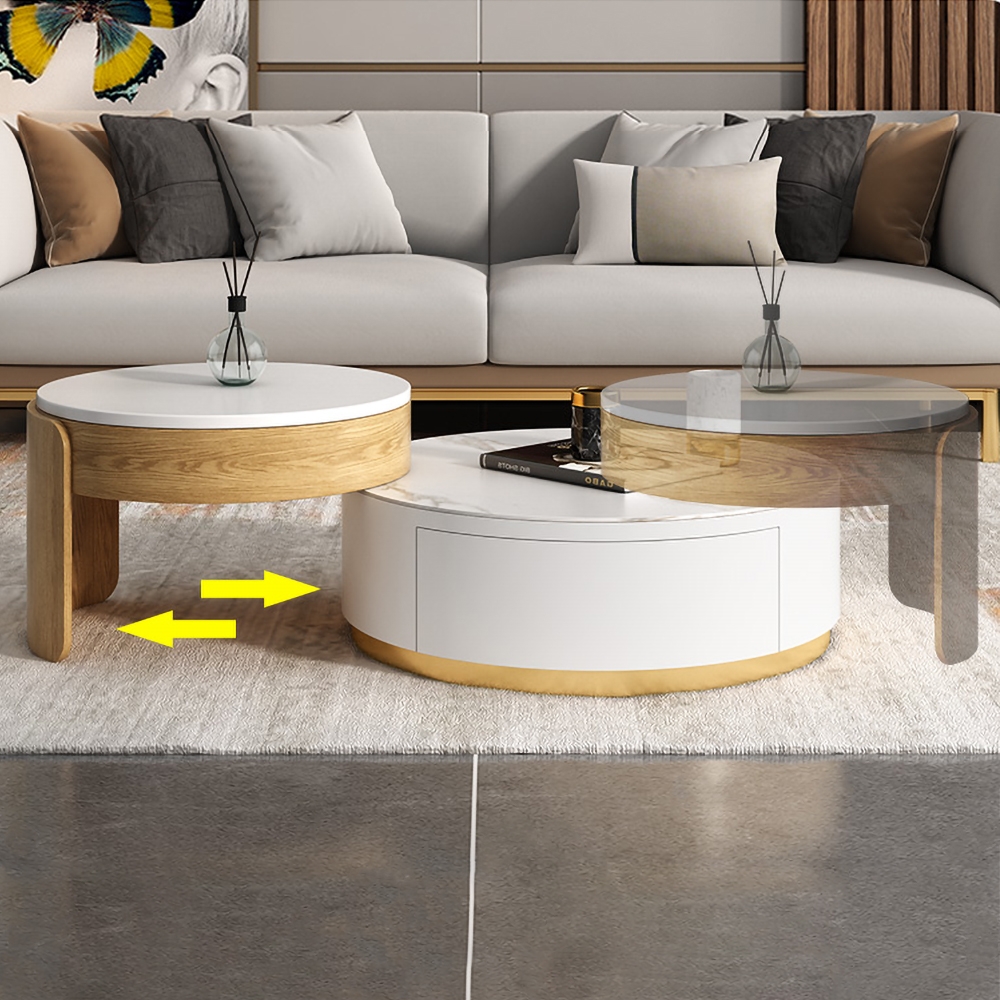 Modern Round Coffee Table with Storage Lift-Top Wood & Stone Coffee Table with 2 Drawers
