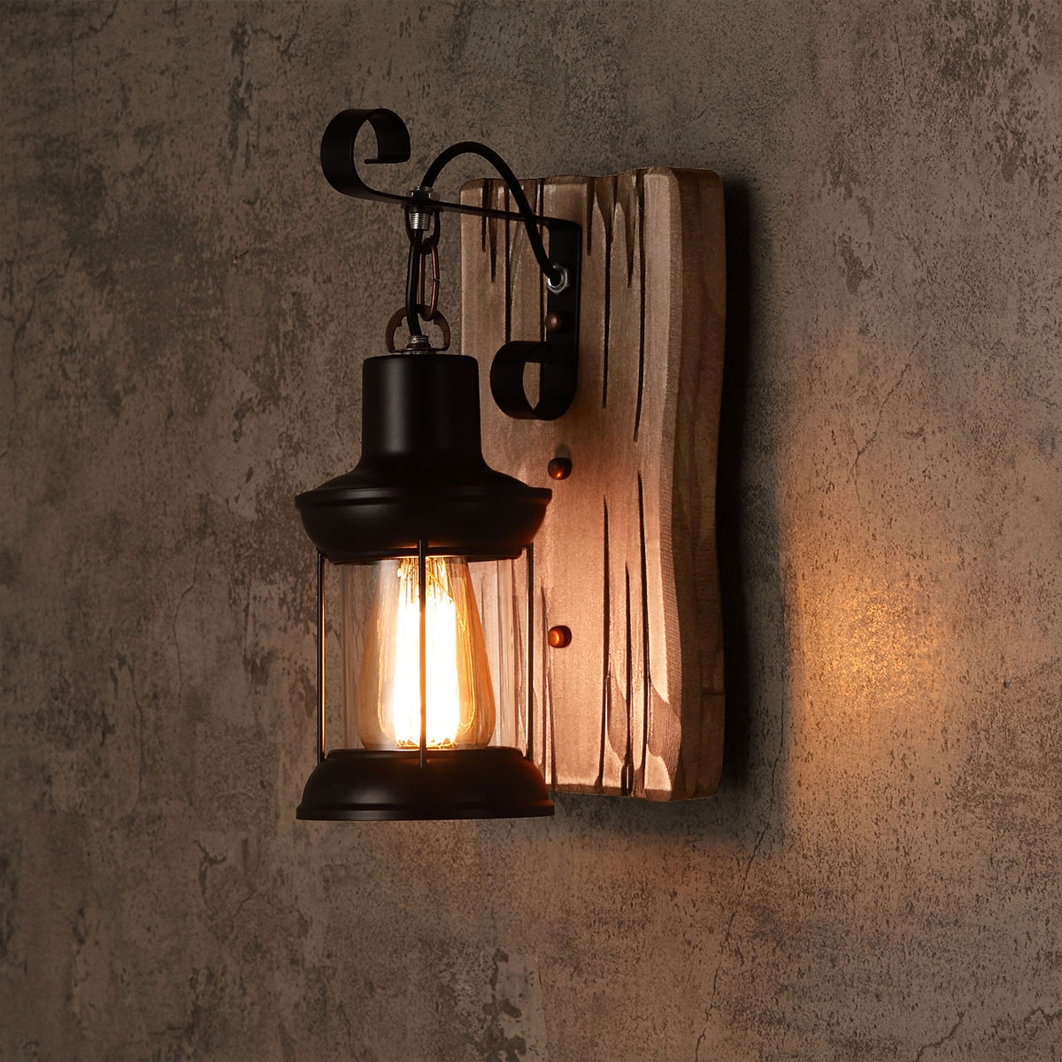 Image of Industrial Cottage Style Metal Clear Glass Lantern 1-Light Wall Light & Wood Backplate