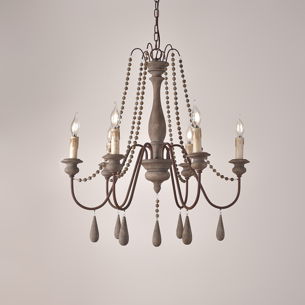 French Country Candle-Style Wood Bead Swag 1-Tier Wooden Chandelier 6-Light in Grey