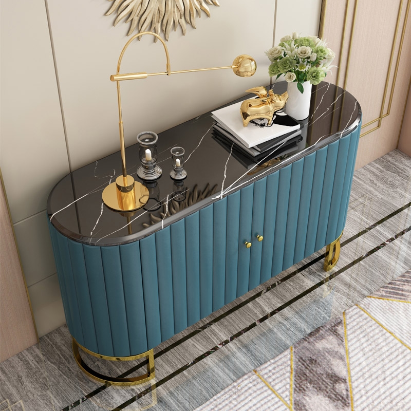 Modern Luxury 2-Door Sideboard with Marble Top Stainless Steel Frame in Gold Cabinet Buffet Table Blue & Black