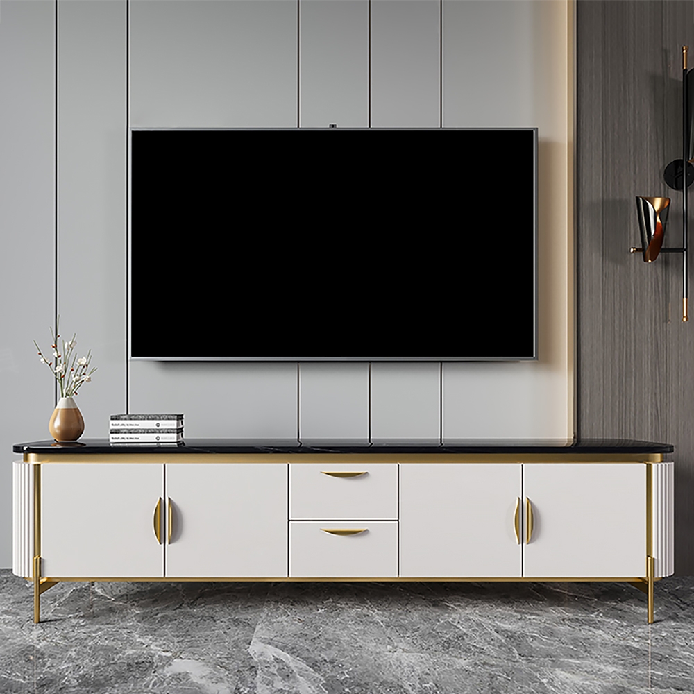 2000mm Black Faux Marble Top TV Console with Drawers & Doors for TVs