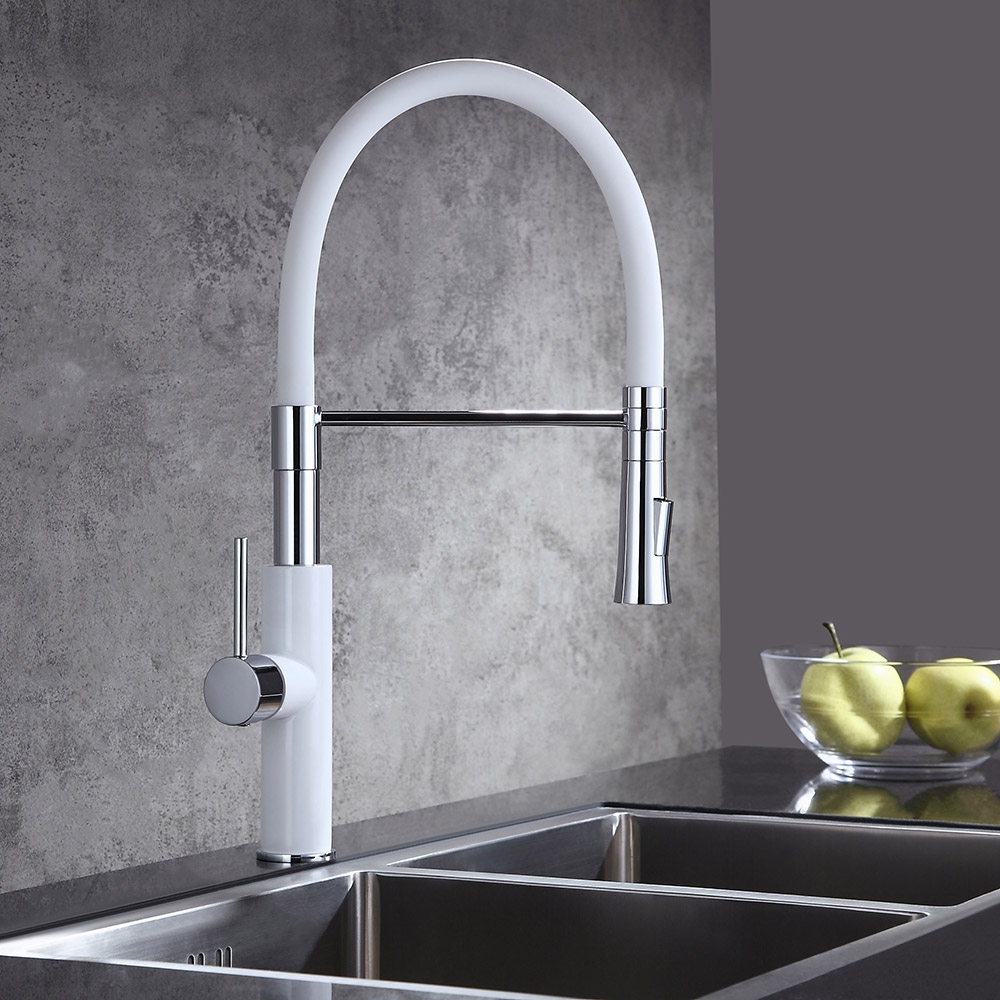 Modern Sleek White & Chrome Pull-Down Spray Kitchen Faucet Single Handle Solid Brass