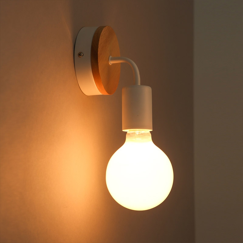 Minimalist Exposed Bulb Single-Light Wood Round Backplate Indoor Wall Lamp in White
