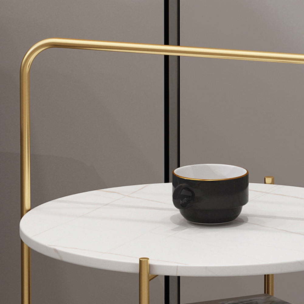 White Round Side Table Sintered Stone Top with Shelves End Table Metal