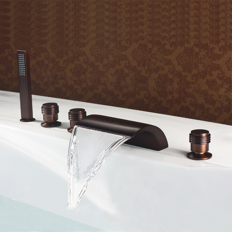 Victoria Deck Mounted Waterfall Roman Tub Filler Faucet with Hand Shower Triple Handle in ORB Solid Brass