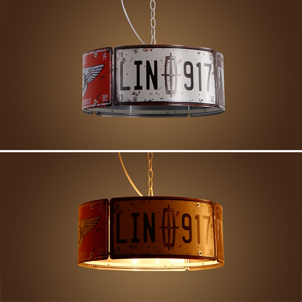 Industrial Round 3-Light Pendant Light Vintage Metal License plate