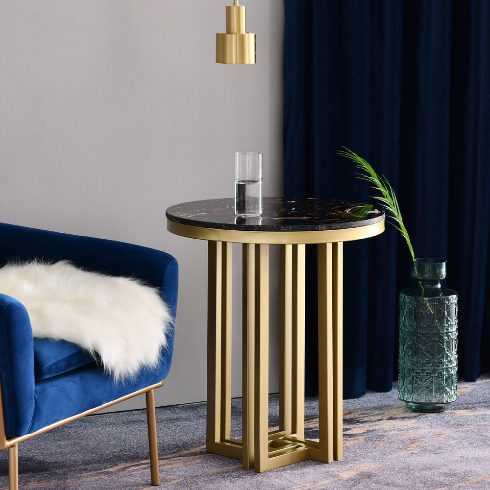 

Gold Round End Table with Marble Top Side Table Metal