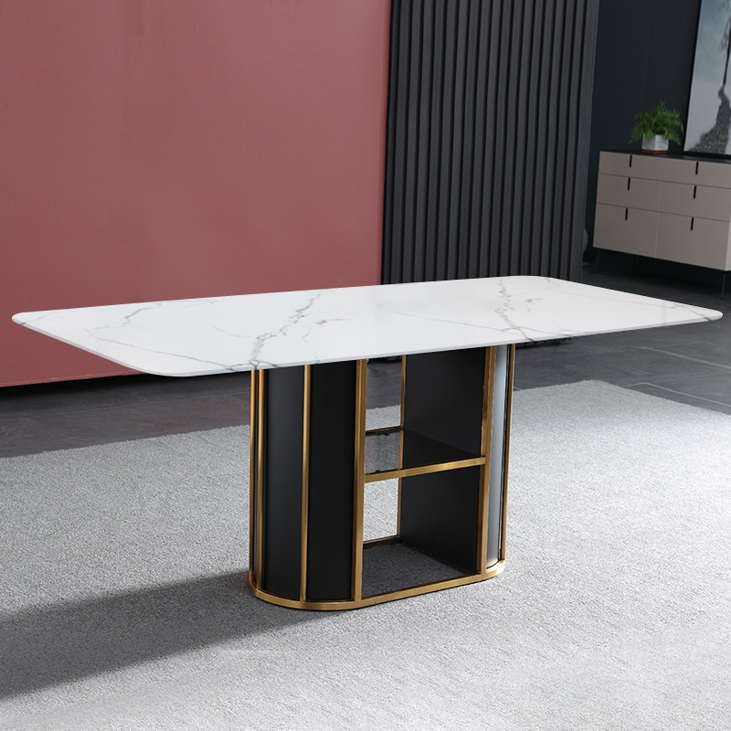 1800mm Modern White Rectangular Stone Dining Table with One-Shelf Carbon Steel Storage