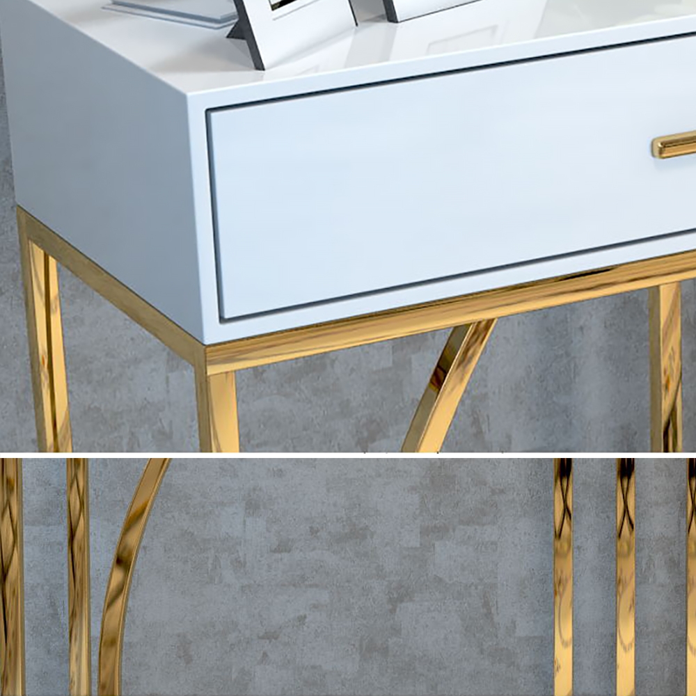 Table console moderne en marbre blanc avec tiroirs et pieds dorés pour couloir