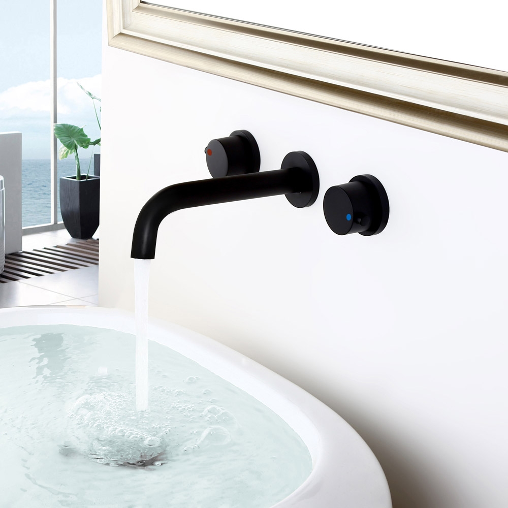 Stev Modern Matte Black Wall-Mount Bathroom Sink Faucet with Double Round Handles