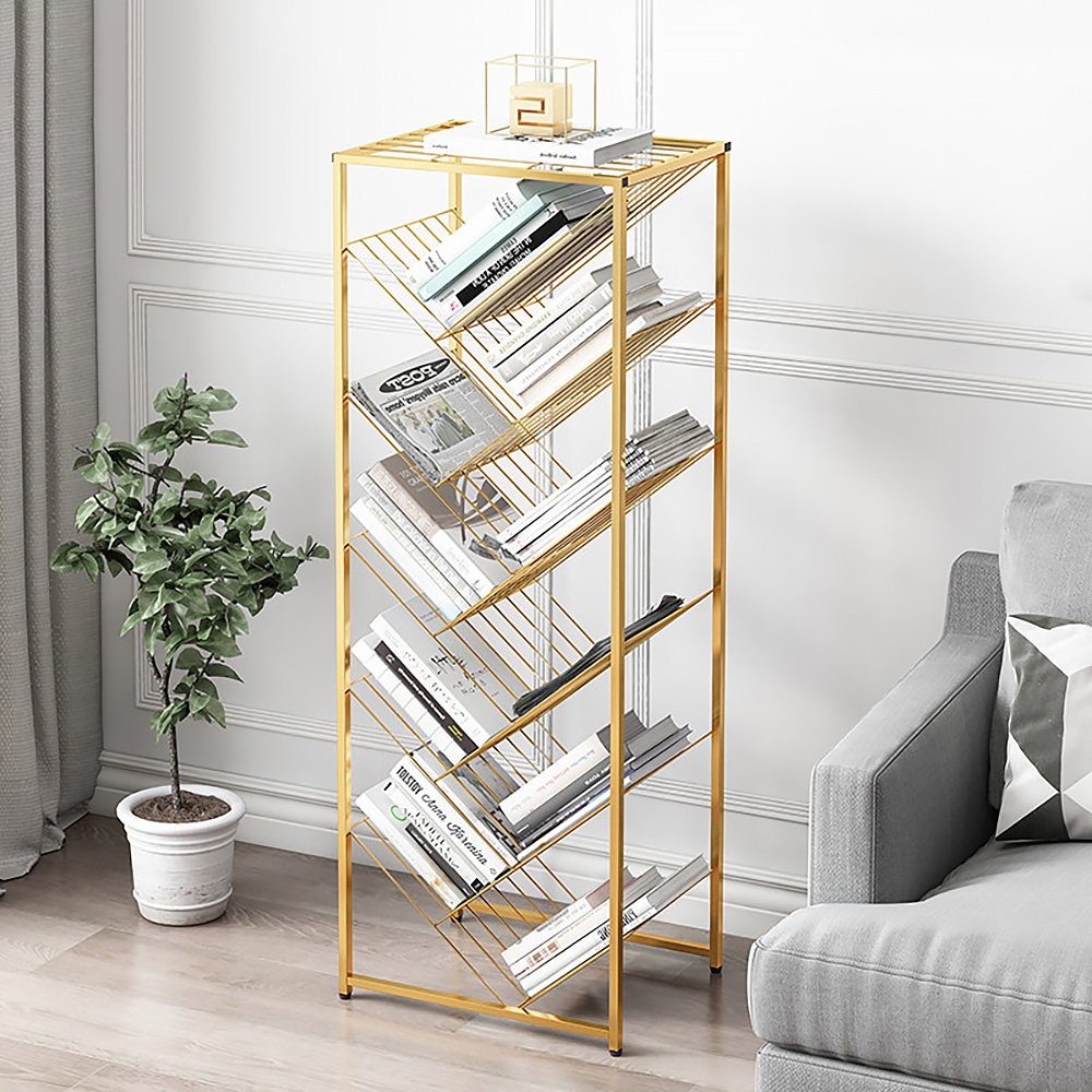 

Mid-Century Rectangular Bookshelf Metal Gold Bookcase with Shelves