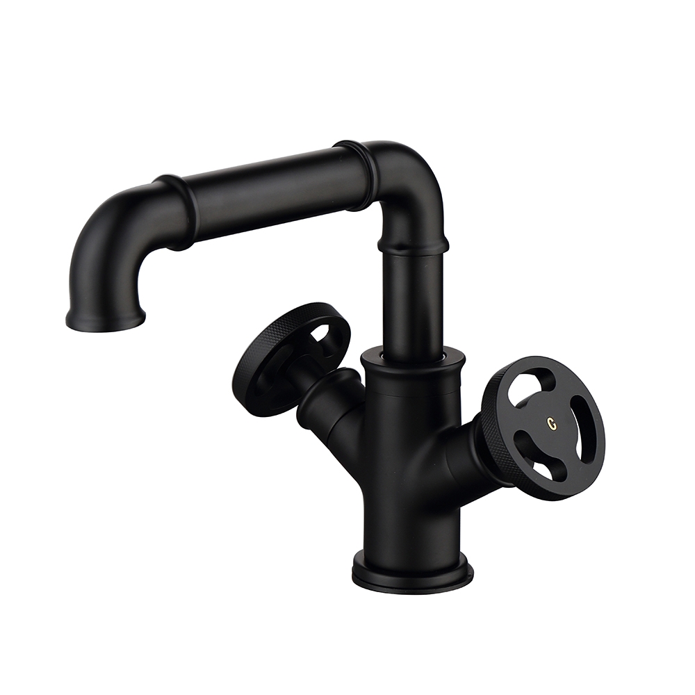 Ruth Industrial Pipe Matte Black Mono Bathroom Basin Mixer Tap Double Handles Solid Brass
