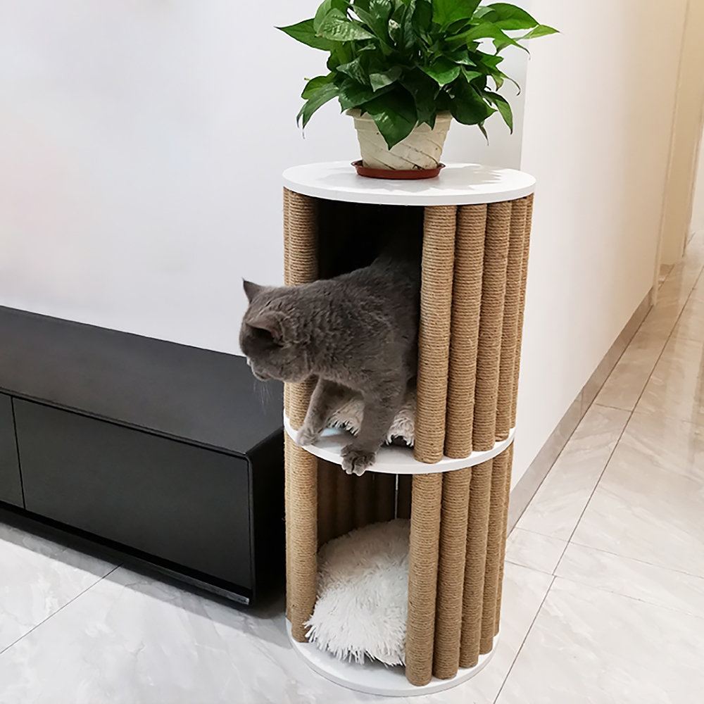 15.7"dia X 32.9"h 2-tier Cat House And Scratching Post Cat Tree & Perch