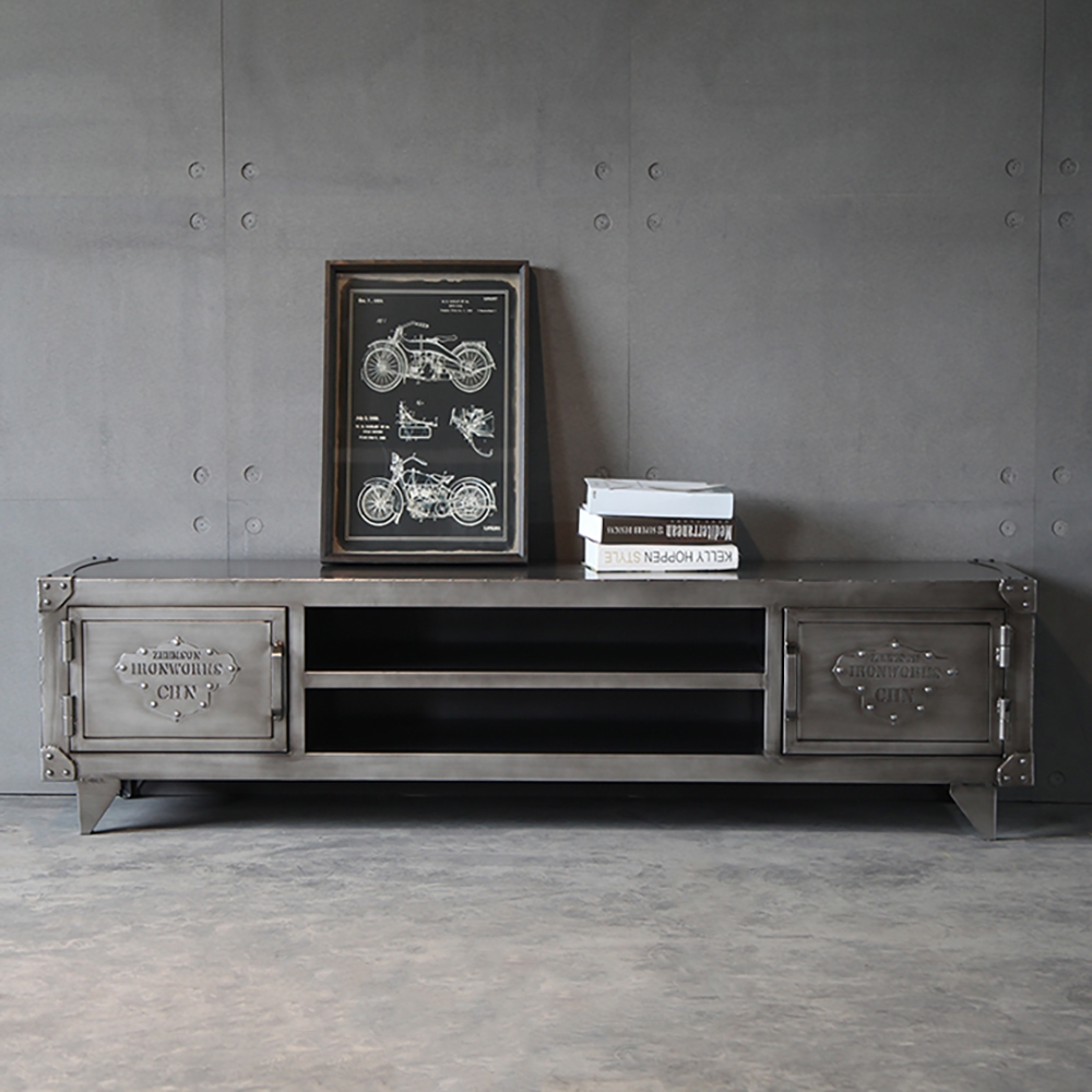 

Industrial Loft Gray TV Stand Distressed Metal Media Console for TVs