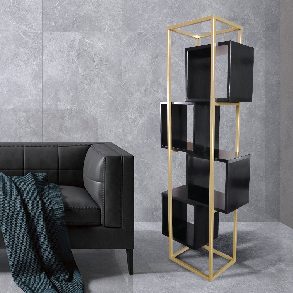 Black Rectangular Bookshelf Modern Pine & Metal Gold Bookcase with Shelves in Small
