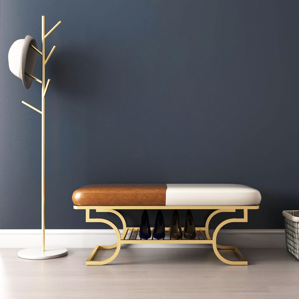

Modern Upholstered Bench Brown & White PU Leather Bench with Shoe Storage