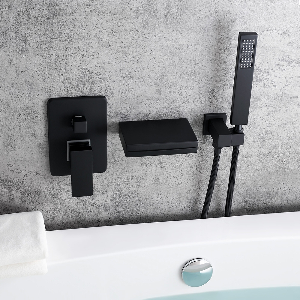 Contemporary WallMount LED Waterfall Matte Black Bathtub Filler Faucet with Hand Shower