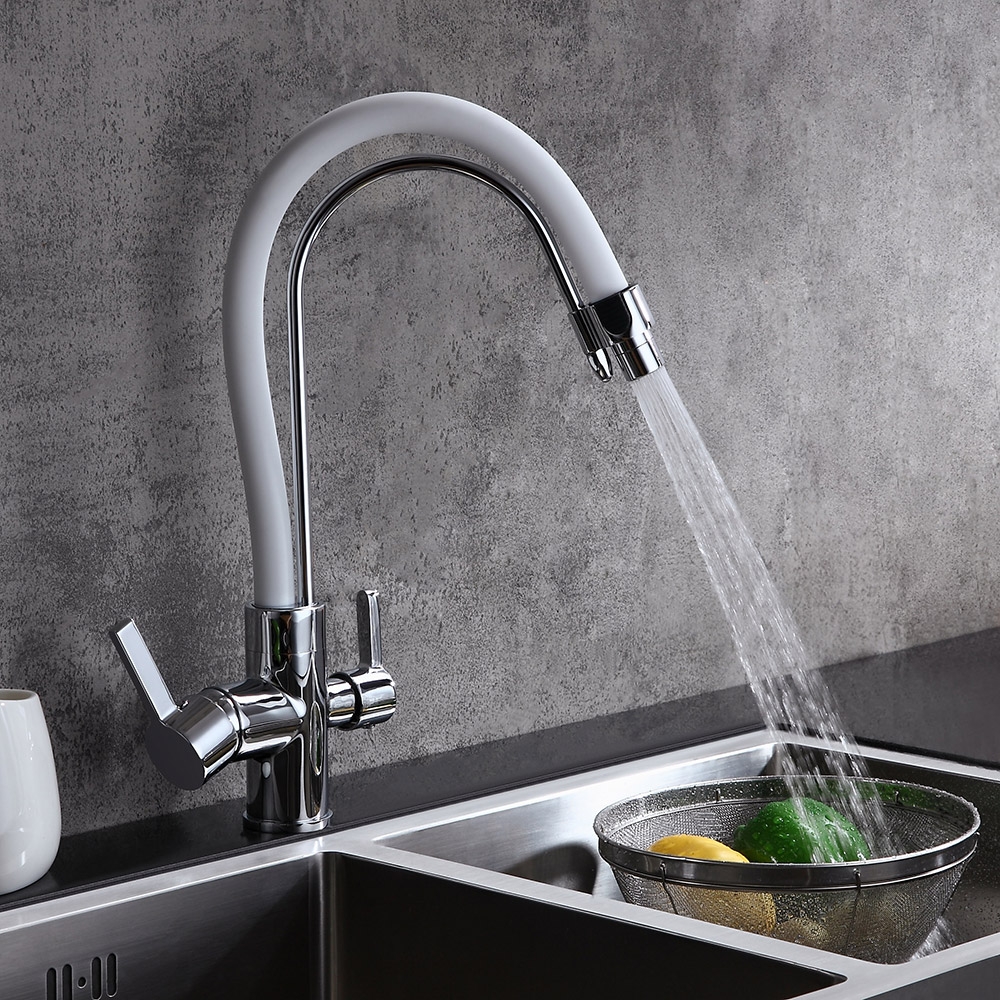 Modern Dual White Pull-Down Spray Filter Water Tap Monobloc Kitchen Tap Double Lever Handles in Chrome Finish