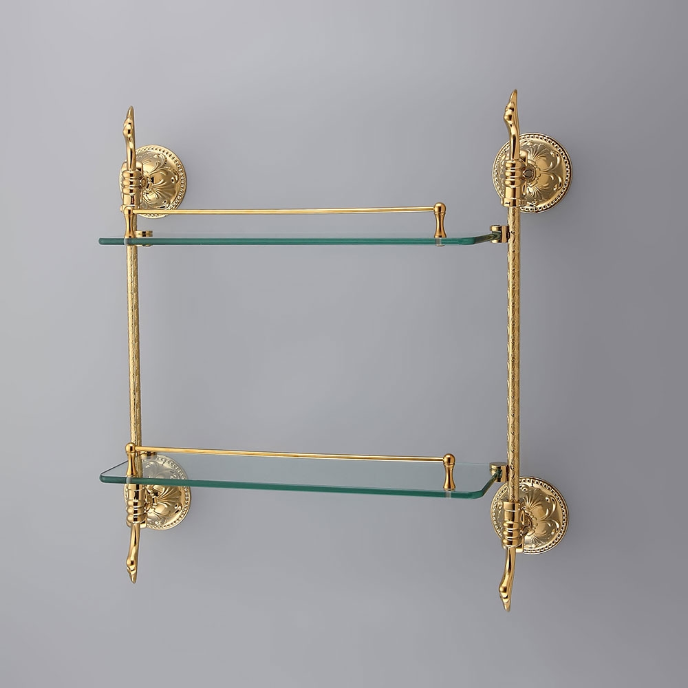 Atre Gold Finish Dual Tier Bathroom Shelf Wall Mounted Glass Shelf With Rail Solid Brass