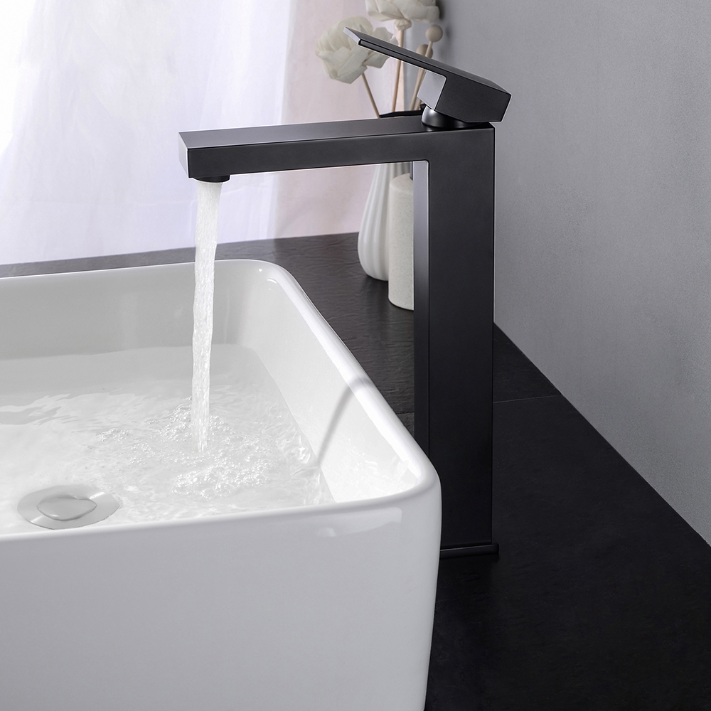 Modern Monobloc Lever Handle Bathroom Countertop Basin Tap in Matte Black Solid Brass