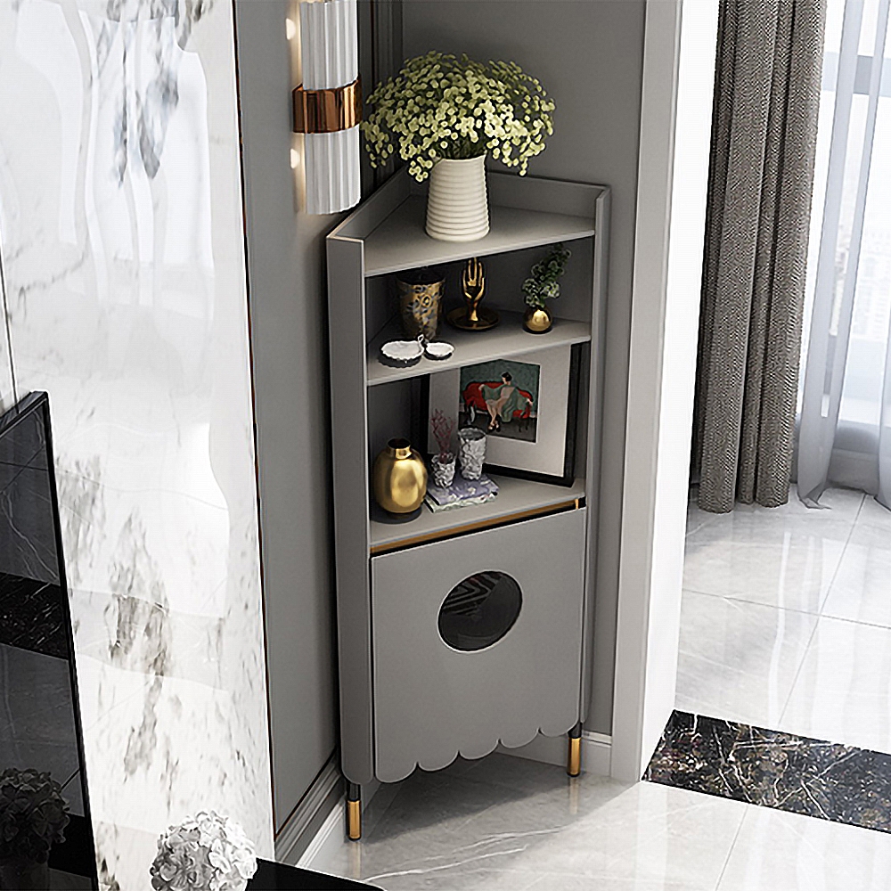 Modern Grey Tall Corner Wood Corner Storage with Door & ShelfHomary