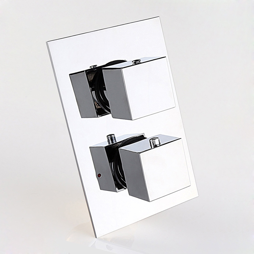 Image of Concealed Thermostatic 2-Outlet Solid Brass Shower Valve & Trims with Square Knobs Polished Chrome Solid Brass