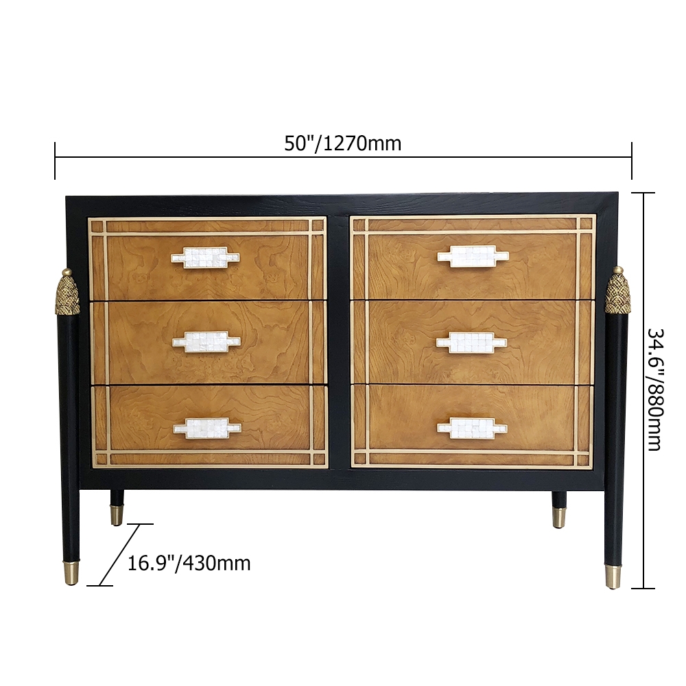 1270mm Modern Black Dresser Accent Cabinet with 6 Drawers and Shell Pulls in Gold