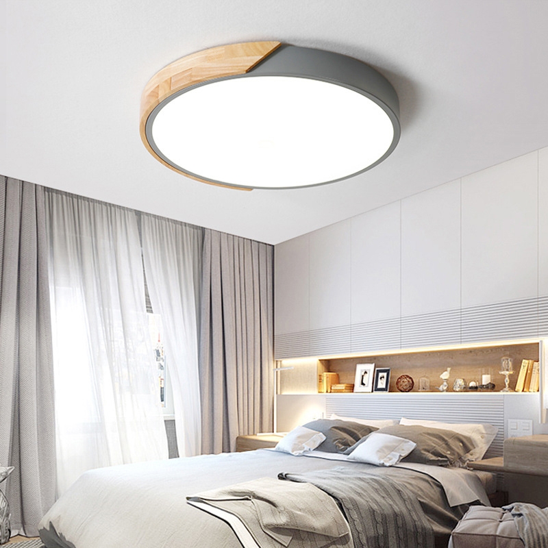 LED Drum Shaped Wood & Metal & Acrylic Large Flush Mount Ceiling Light in Gray Dimmable