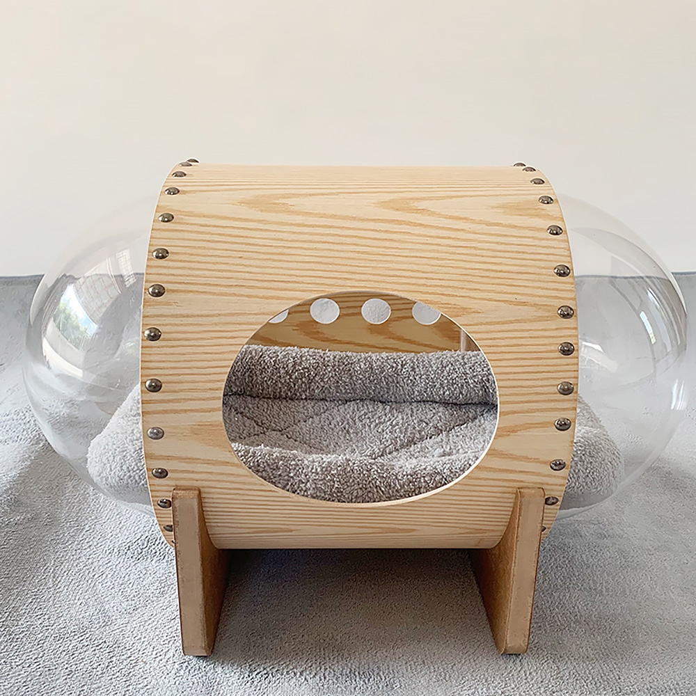 29.5" Long Space Capsule Cat Bed Oval Wood & Acrylic with Nailhead Trims