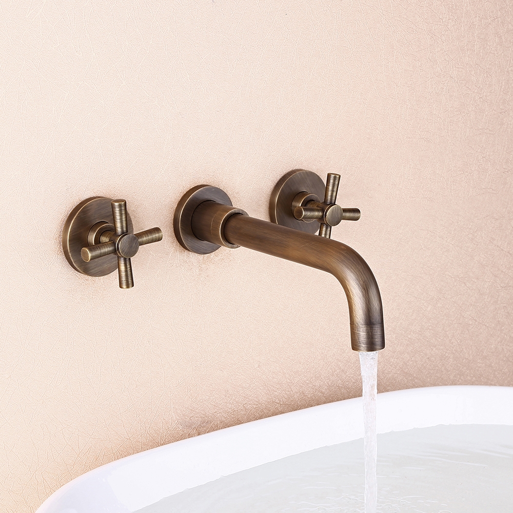 Melro Classic Wall Mounted Double Cross Handle Bathroom Basin Mixer Tap in Antique Brass