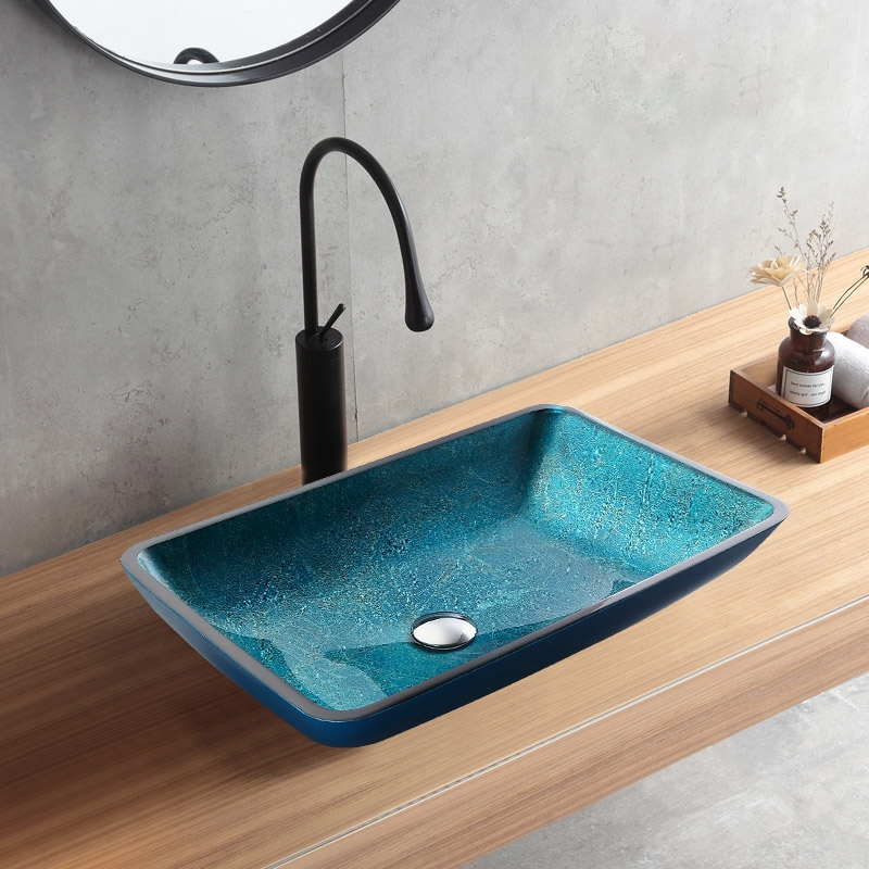 Modern Greenish-Blue Rectangular Countertop Tempered Glass Bathroom Wash Basin
