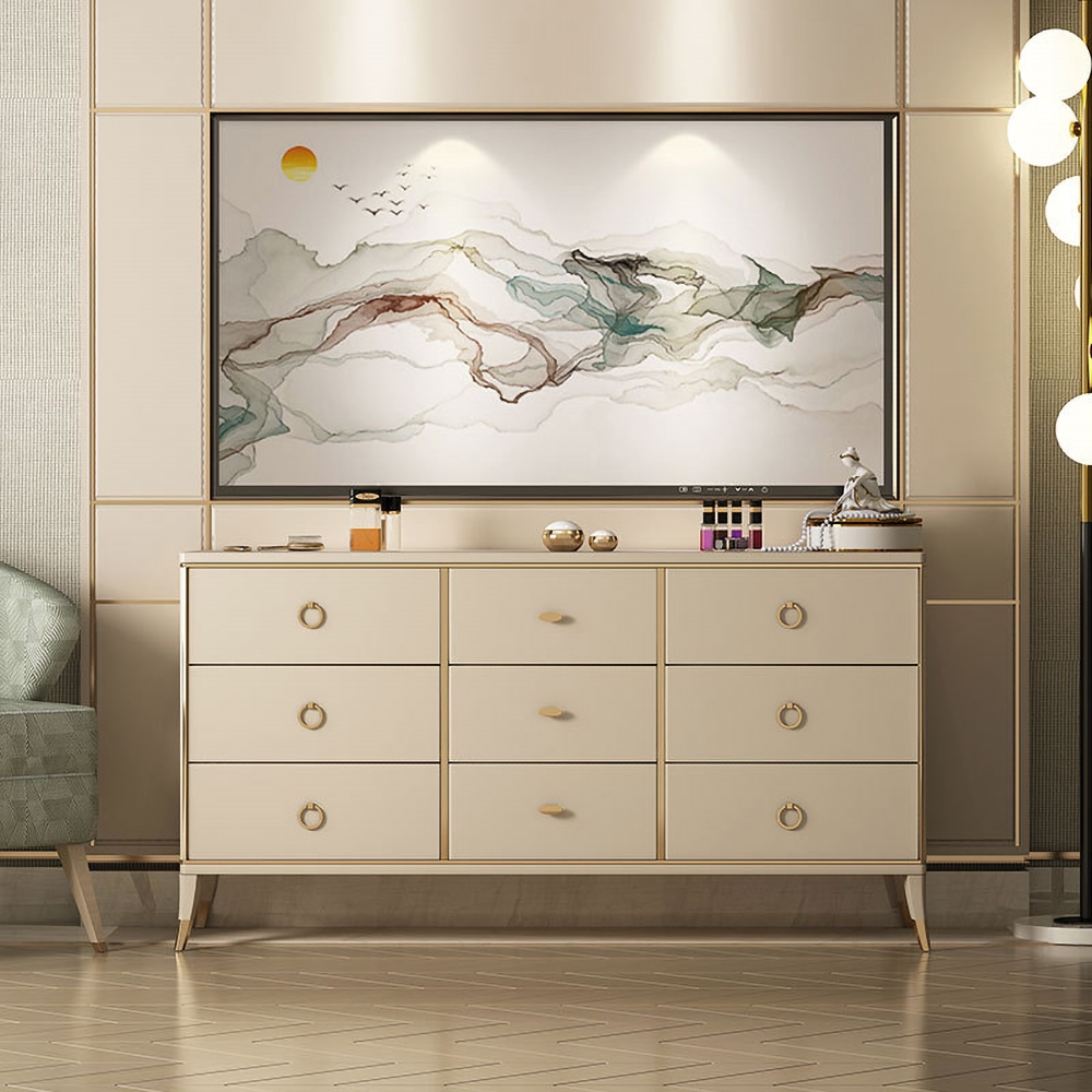 

59" Contemporary Champagne Bedroom Dresser Accent Cabinet with 9 Drawers in Gold