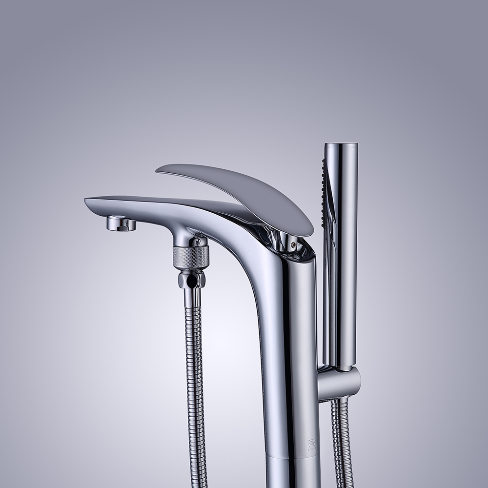 Modern Freestanding Tub Filler Faucet with Handshower Single Handle Polished Chrome Solid Brass