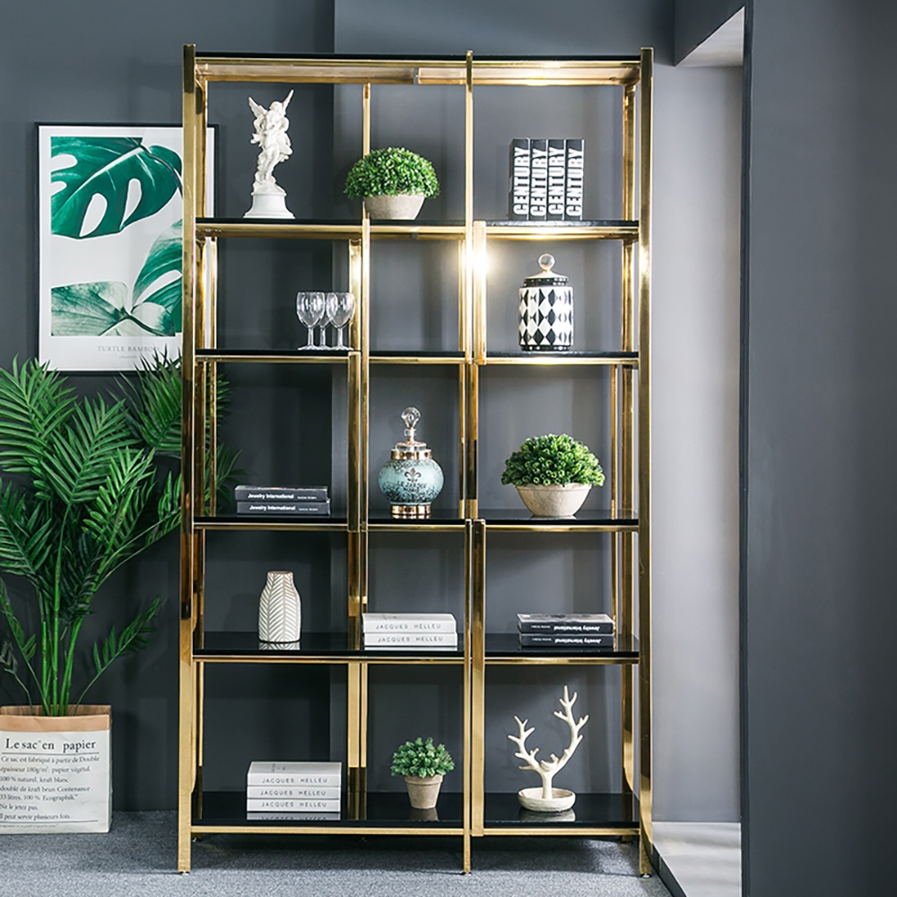 2000mm Contemporary Freestanding Etagere Bookshelf in Black & Gold-Homary