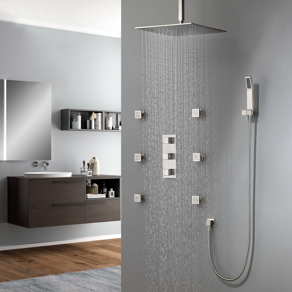 Image of 16" Square Ceiling-Mount Shower Head & 6 Body Sprays & Wall Mounted Handshower System