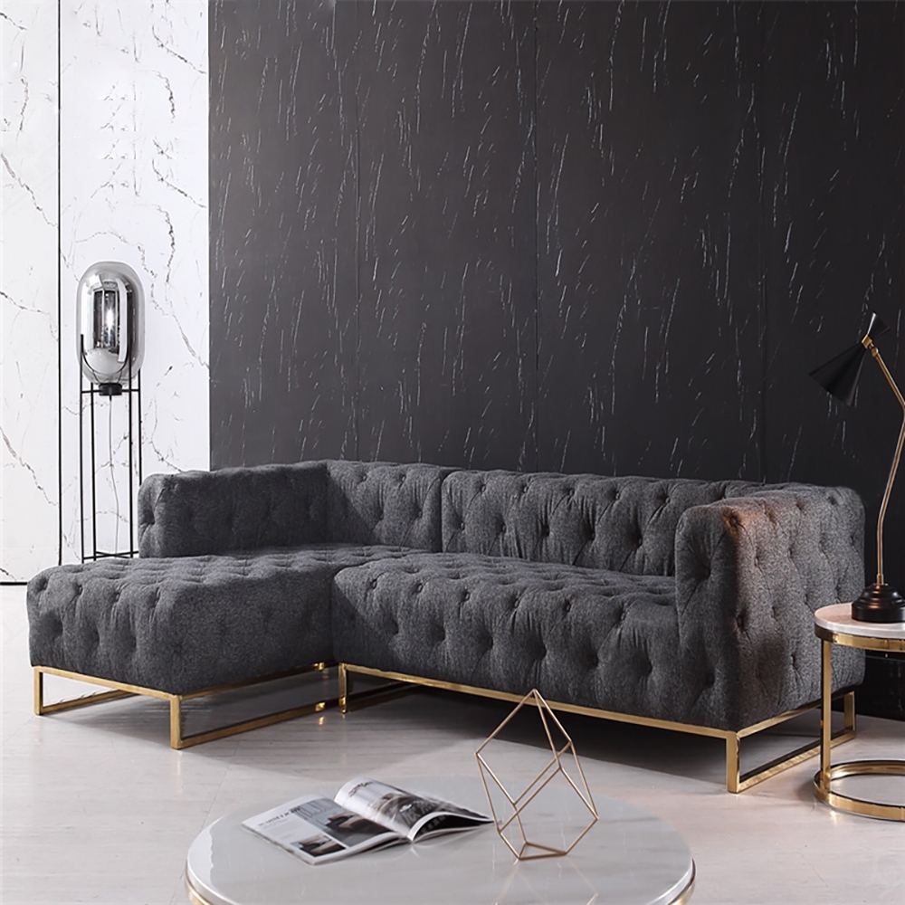 

94.5" Modern Tufted Velvet Upholstered Sofa 3-Seater Sofa Gray Sectional in Gold Base