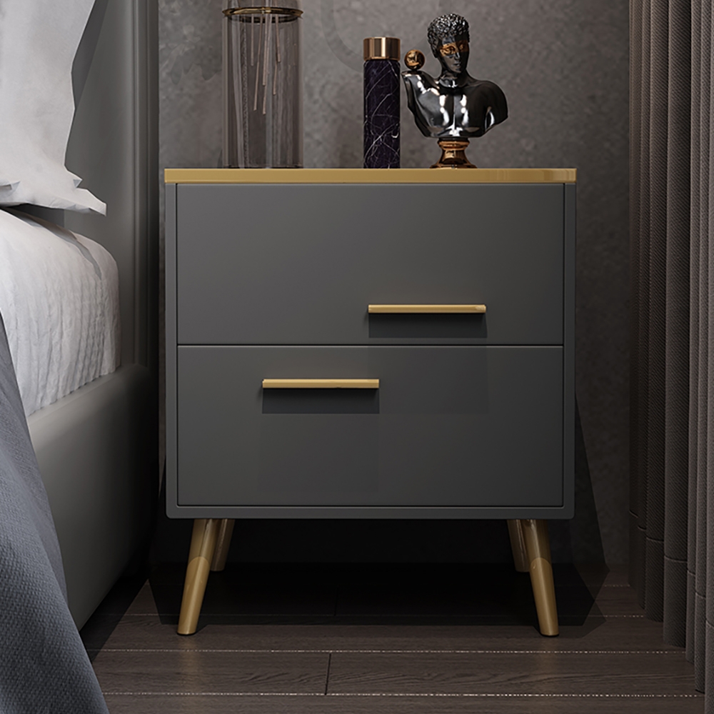 

Postmodernism Gray Nightstand PU Leather Upholstered with 2 Drawers in Gold