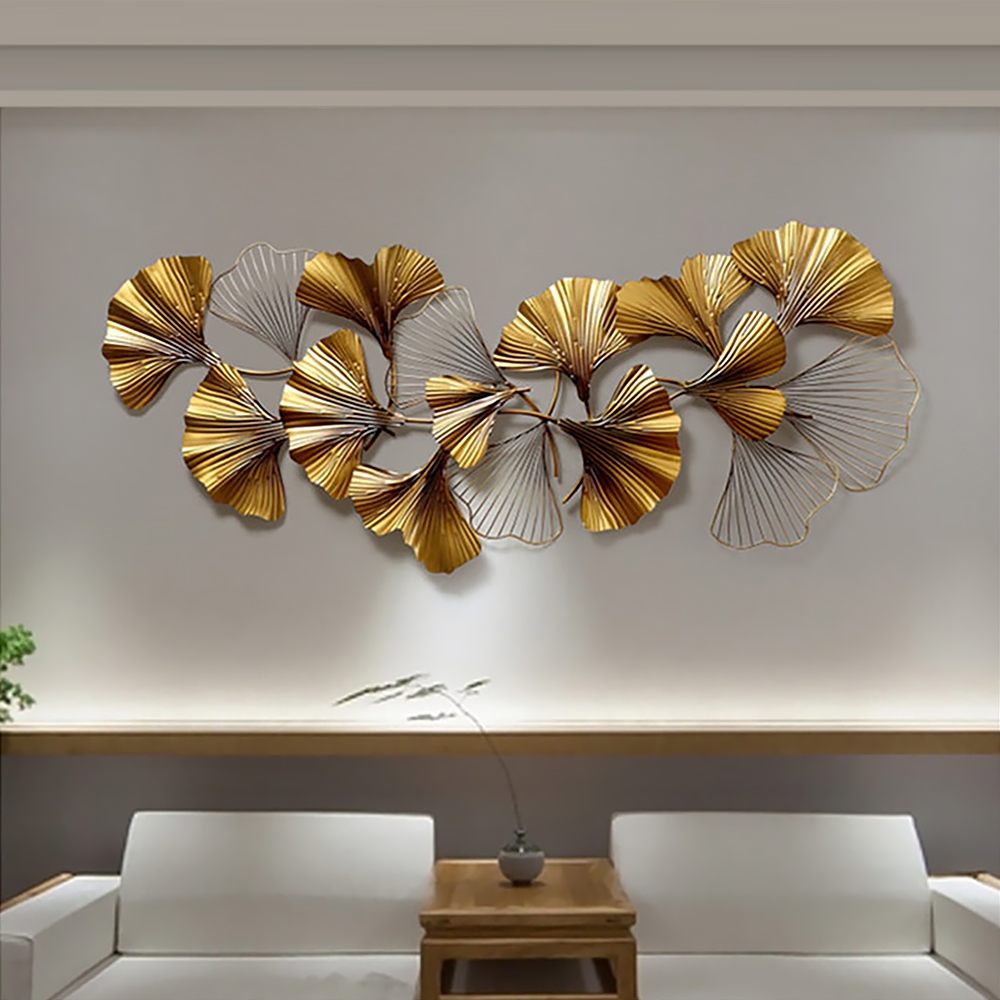 1400mm x 600mm 3D Golden Ginkgo Leaves Metal Wall Decor
