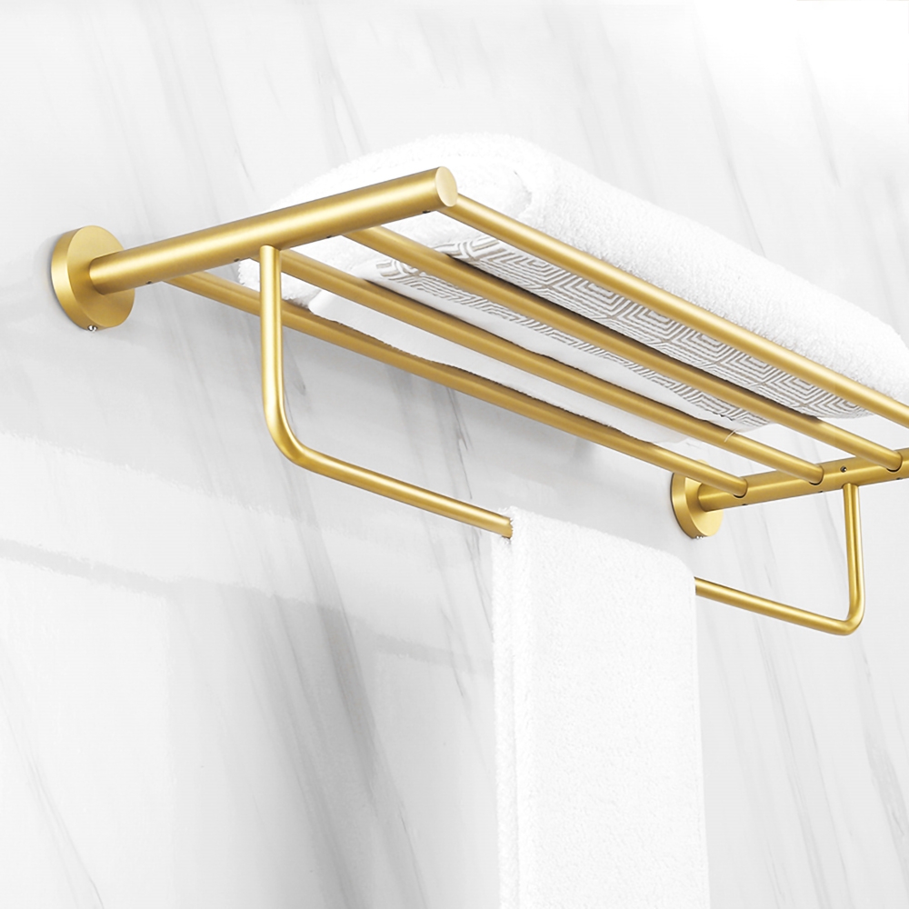 610mm Wall Mounted Brass Bathroom Shelf With Towel Rack In Brushed Gold 