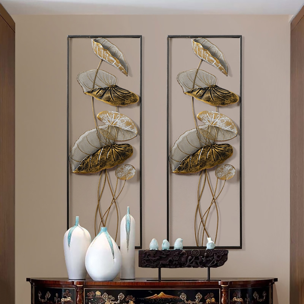 2 Pieces Metal Lotus Leaves Wall Decor with Black Rectangle Frame